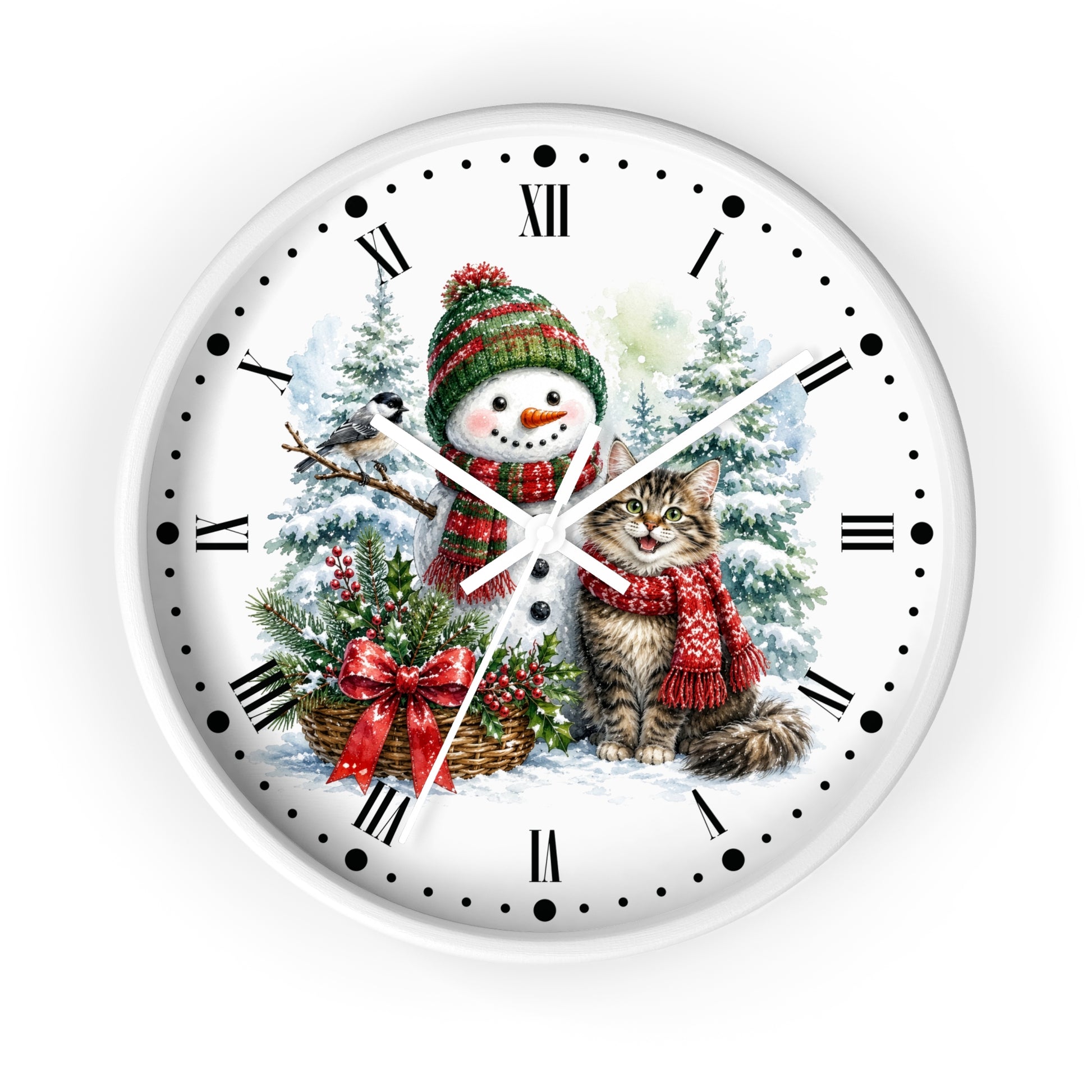 A round white wall clock with black Roman numerals and dot hour markers, featuring a festive Christmas illustration on the face with a snowman, a cat, evergreen trees, and a basket of red bows.