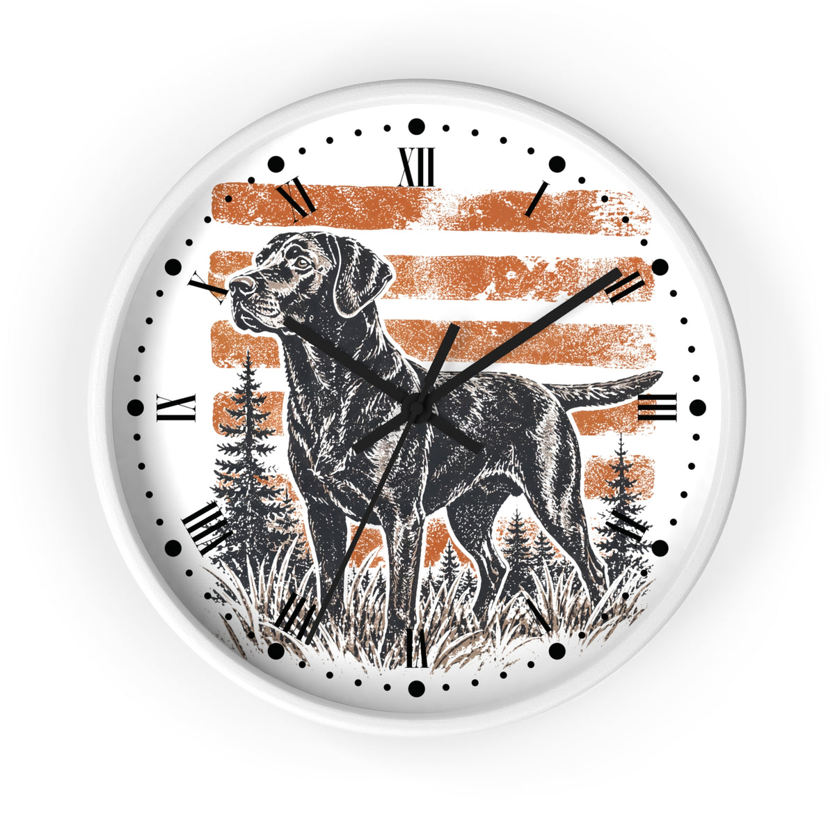 A round wall clock with a white frame and face, featuring a black illustration of a dog standing in front of distressed orange horizontal stripes and black trees. The clock uses black Roman numerals and dot hour markers with black hands.