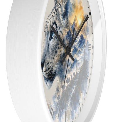 A round wall clock with a white frame and a printed design of a snow leopard over blue mountains and a golden sky. The clock has black hands and no visible brand name.