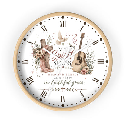 My Spirit Sings Religious Wall Clock — Faith-Inspired Guitar & Cross Home Decor