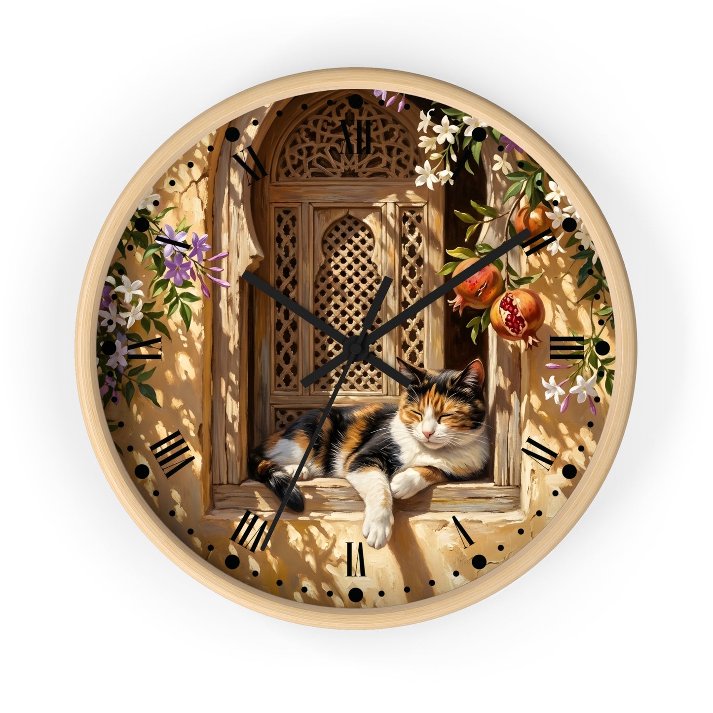 A round wall clock with a light wood frame featuring a printed illustration of a calico cat lounging by an ornate window, surrounded by flowers, leaves, and pomegranates. The clock has black hands and black Arabic numeral hour markers on a white background.