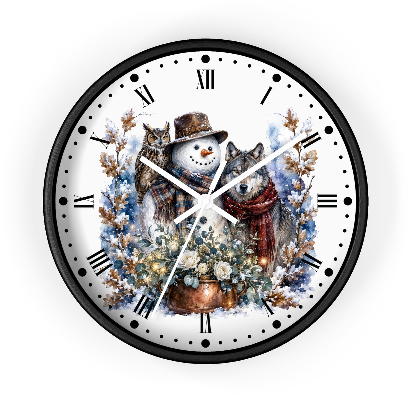 A round wall clock with a black frame and a white face, featuring a winter illustration of a snowman, a wolf, an owl, and a flower pot. The clock has Roman numerals and black hands on a clean white background.