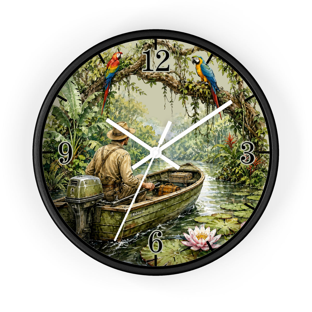 Round wall clock with a black frame and a tropical jungle scene printed on the face, showing a man rowing a boat on a river with colorful parrots at the 12 and 3 positions.