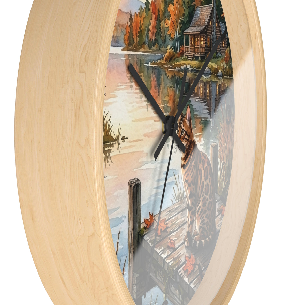 Autumn Lakeside Bengal Cat Wall Clock — Rustic Cabin Sunset Decor