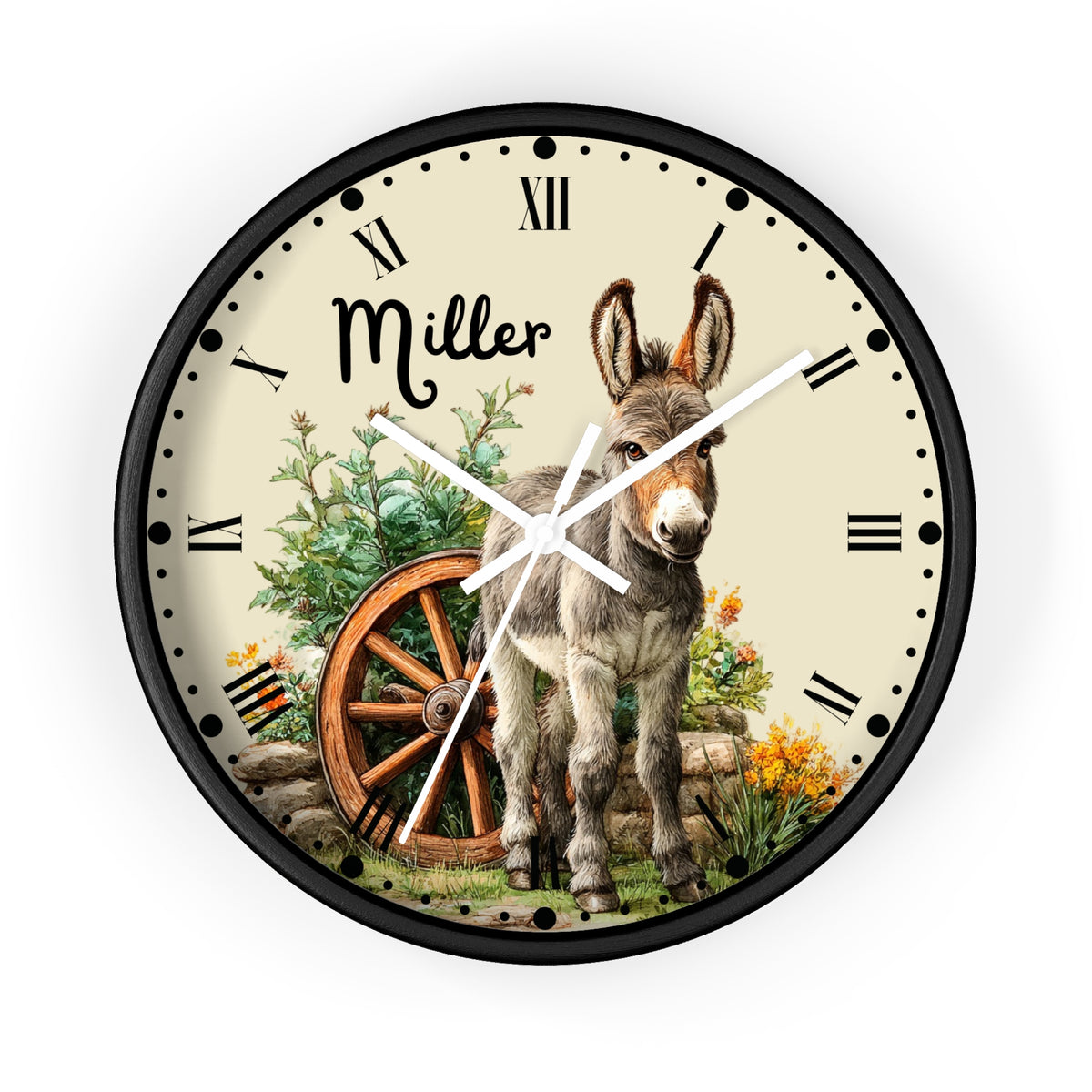 A round personalized wall clock with a black frame and a cream-colored face. The clock features a vintage-style illustration of a gray and white donkey standing next to an orange-brown wooden wagon wheel, with small yellow flowers and green foliage.
