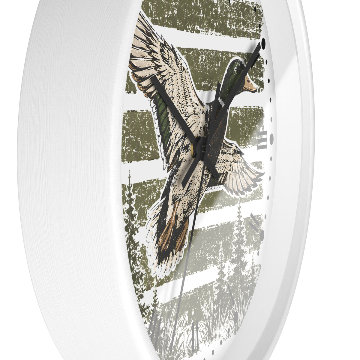 Oval wall clock with a white frame and a printed design of a flying mallard duck over a rustic green-and-white striped forest background.