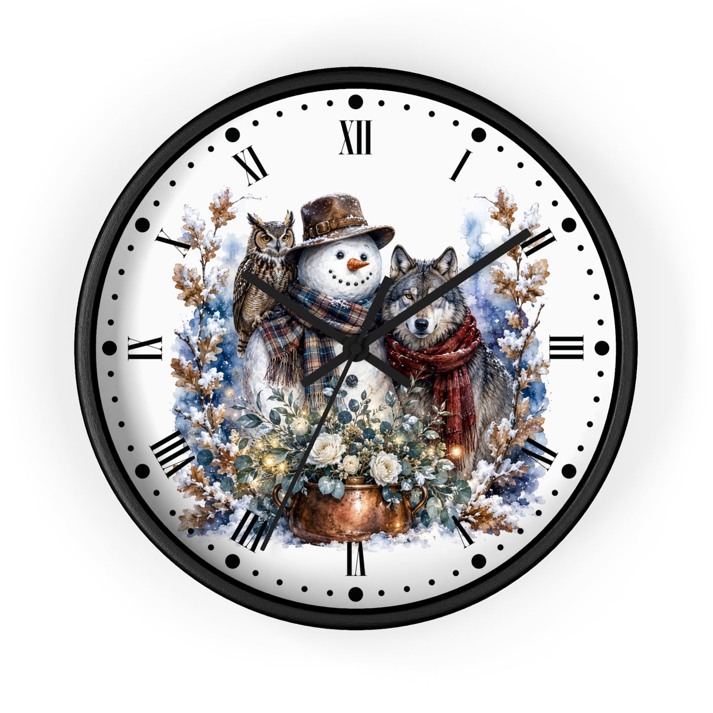 A round wall clock with a black frame and a white face featuring a winter illustration of a snowman, a wolf, an owl, flowers, and snow-covered branches. The clock uses Roman numerals for hour markers and has black hands.