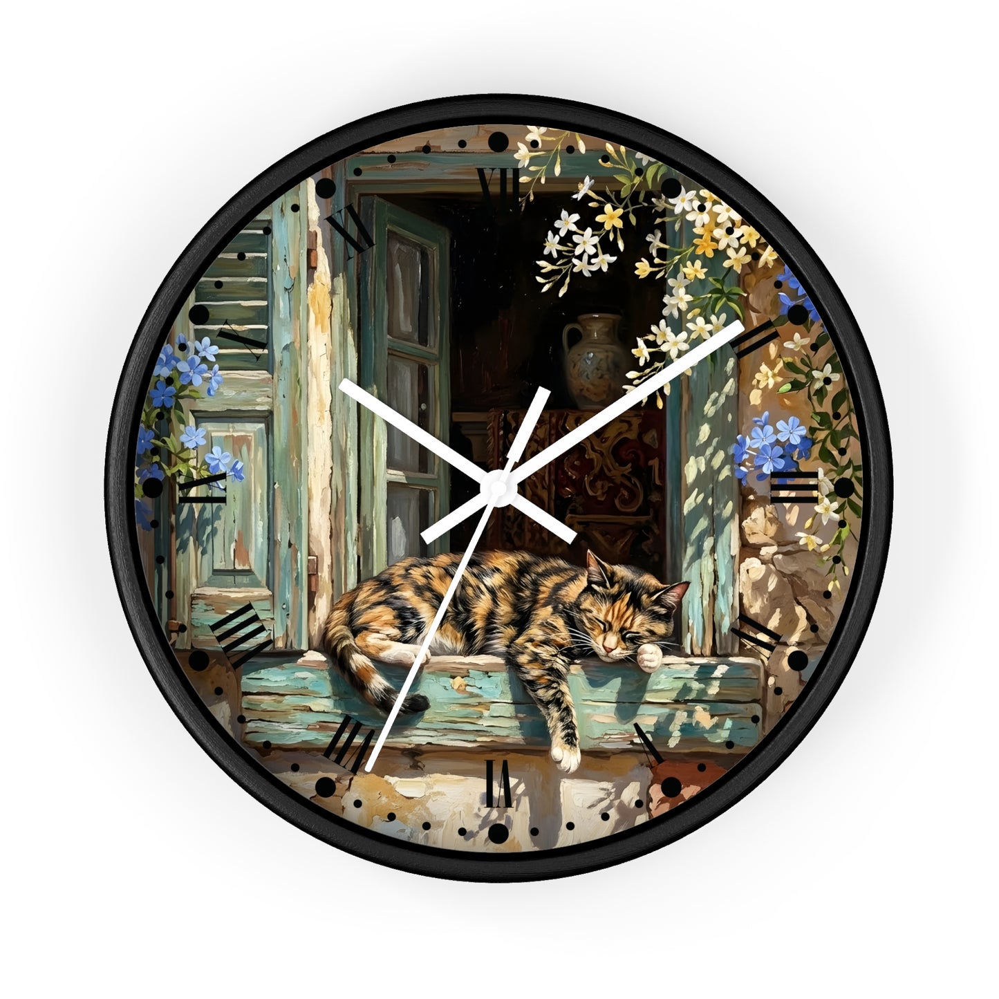 A round wall clock with a black frame and white hands, featuring an illustrated scene of a sleeping torte cat on a weathered blue-green windowsill with flowers and an open window in the background.