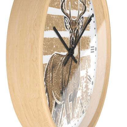 Round wall clock with a light natural wood frame and a printed deer illustration on the face, shown against a plain white background.