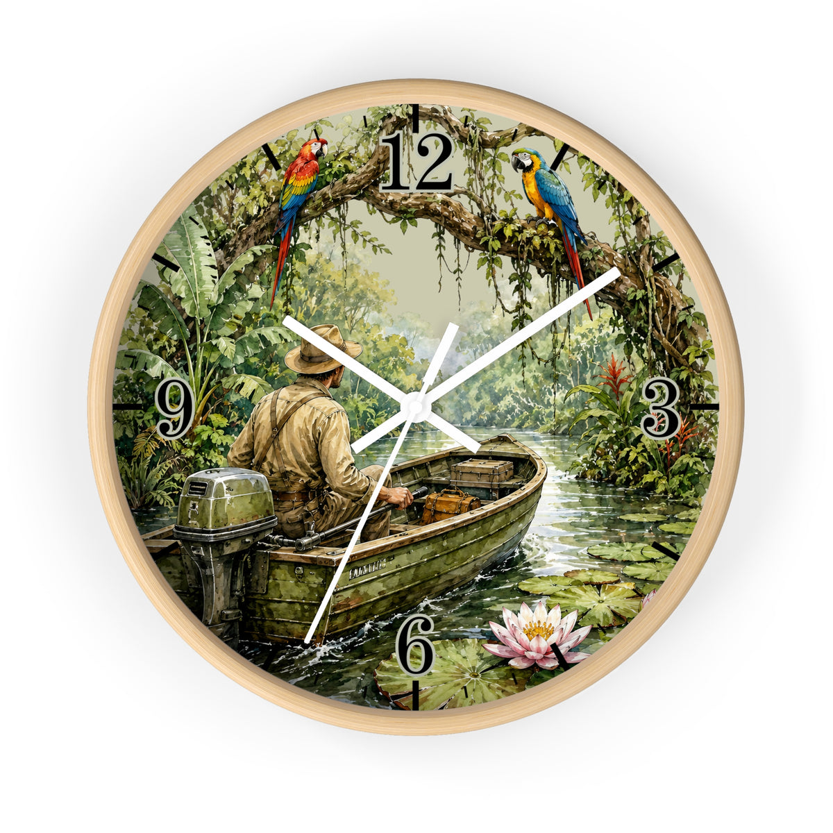 A round wall clock with a light natural wood frame, featuring a detailed scenic illustration of a man rowing a boat on a tropical river with parrots and a water lotus flower. The clock face has black Arabic numerals and white clock hands.