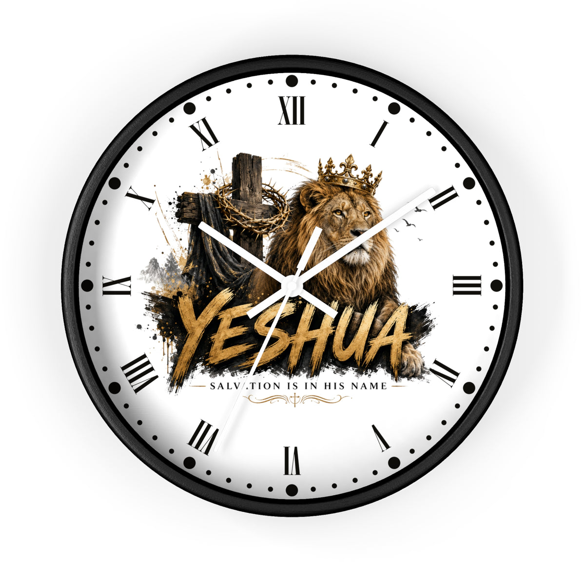 A round wall clock with a black frame and a white face featuring a graphic of a crowned lion, a wooden cross with chains, and the word 'YESHUA' in large gold letters. Roman numerals and black hour markers surround the design, with white clock hands and small black dots between the numerals.