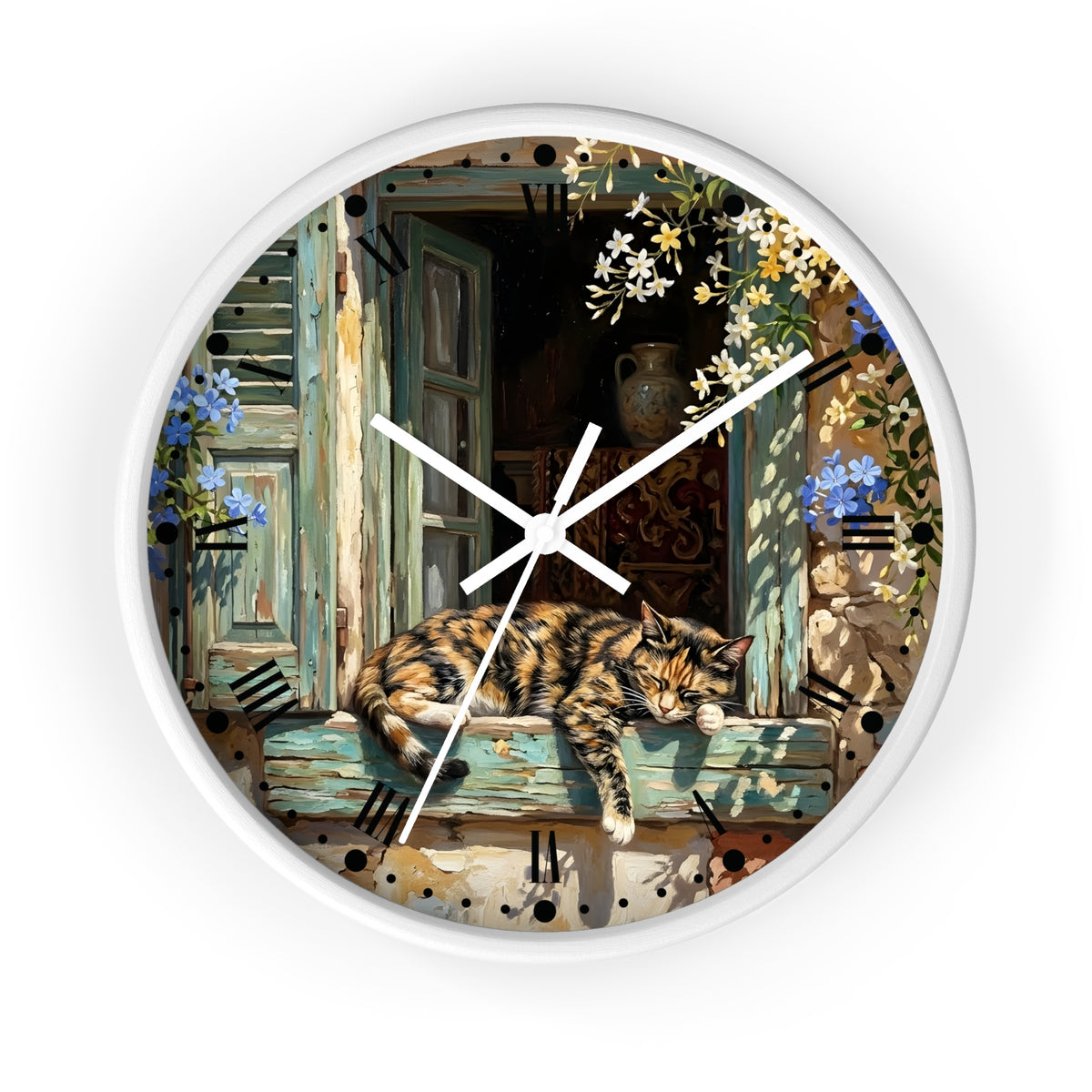Round wall clock with a white frame and a printed illustration of a sleeping cat resting on a weathered window ledge, surrounded by flowers and shutters.