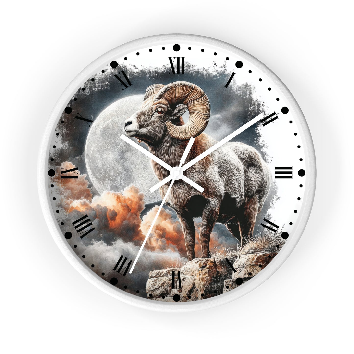 Round wall clock with a white frame and a printed scenic dial featuring a ram standing before a large moon and clouds, with black Roman numerals and markers on a white background.