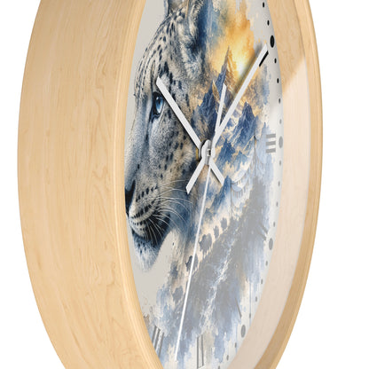 Round wall clock with a light natural wood frame and a printed face featuring a leopard in blue, gray, and gold tones, shown against a plain white background.