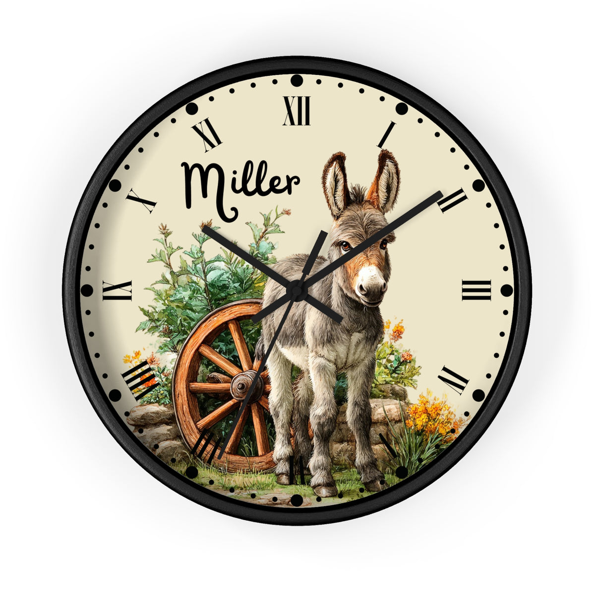 Personalized round wall clock with a black frame, featuring a vintage-style illustration of a donkey, a wooden wagon wheel, flowers, and the name 'Miller' on the cream-colored dial.