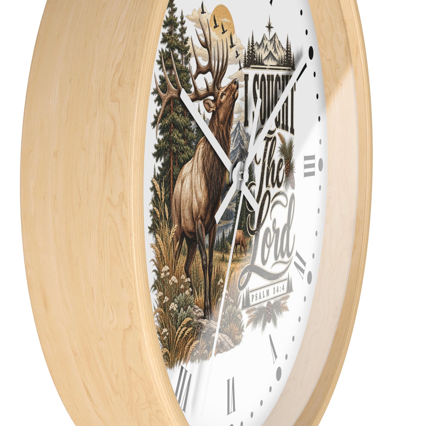 Rustic Elk Wall Clock – “I Sought The Lord” Psalm 34:4 Christian Home Decor