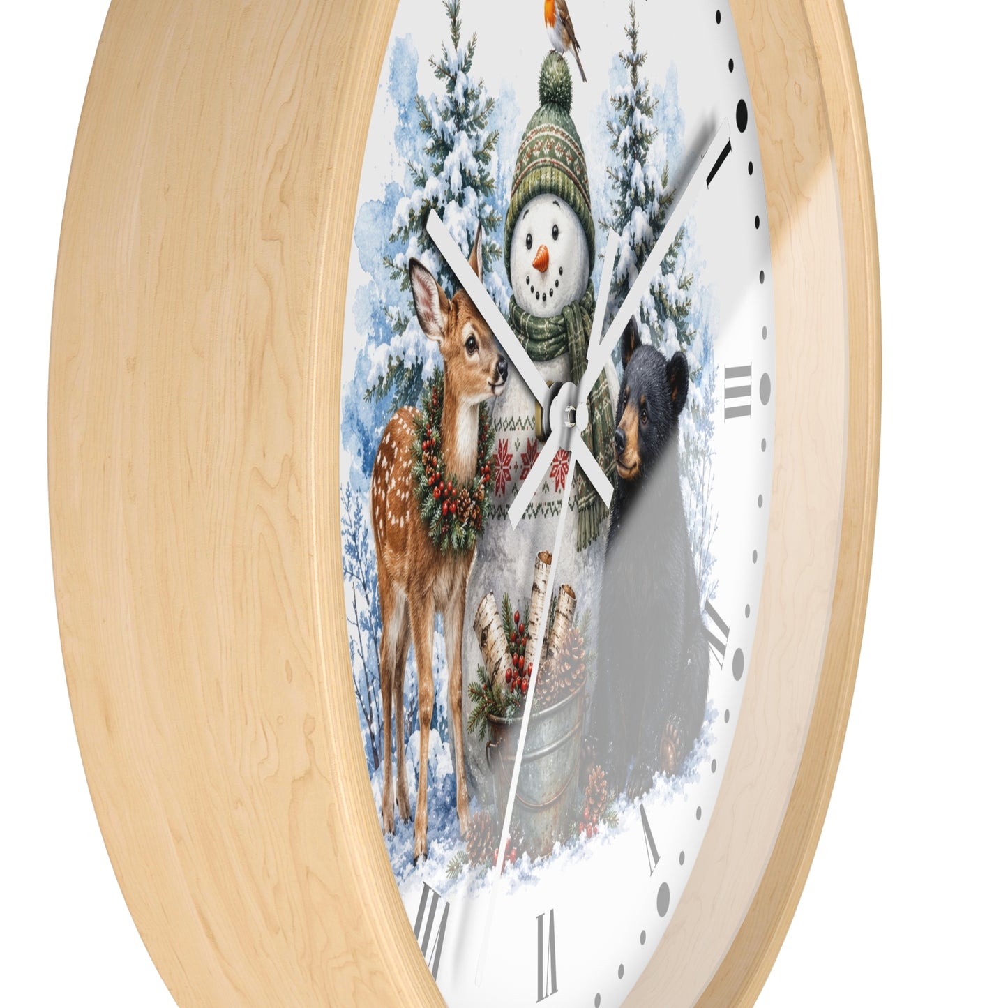 Round wall clock with a light natural wood frame and a festive winter illustration on the face, featuring a snowman, deer, bear, and snowy trees.