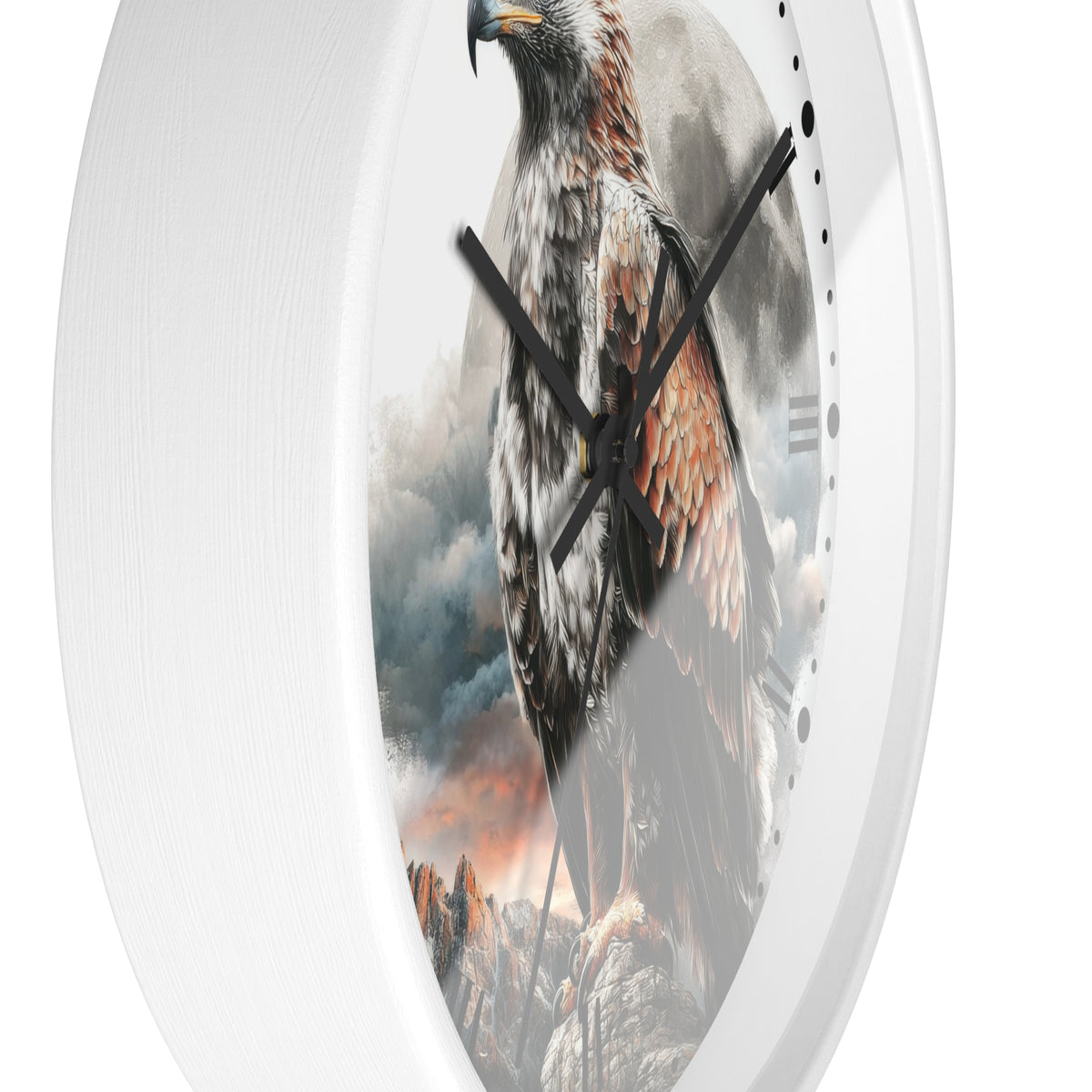 Round wall clock with a white frame and a printed design of a large eagle standing on rocky ground against a smoky sky. The clock face is partially visible through the transparent center, with black hands and a white outer rim.