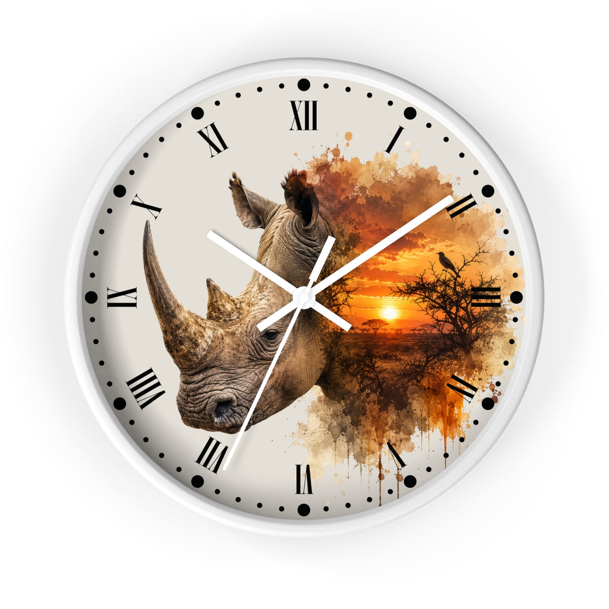 Rhino Sunset Wall Clock with Roman Numerals — Safari Wildlife Decor