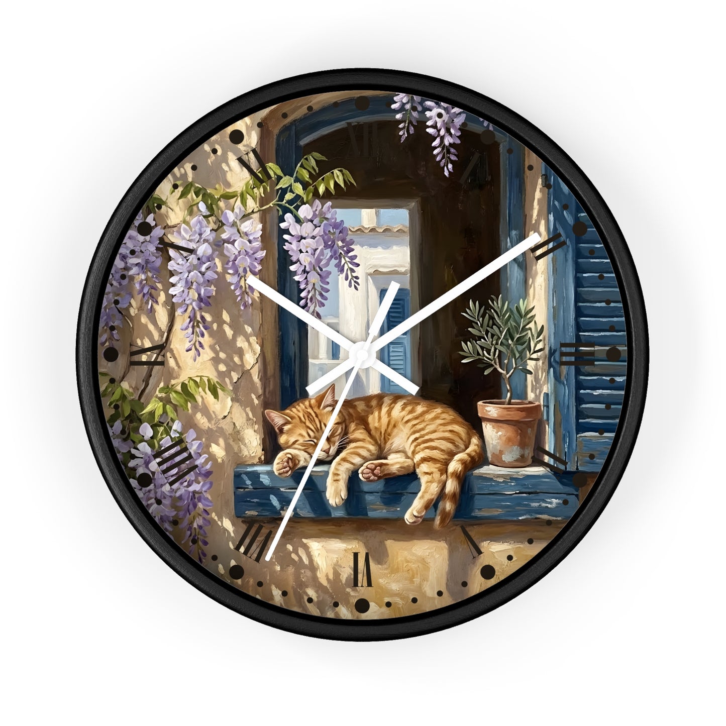 Round wall clock with a black frame and a printed illustration of a sleeping orange tabby cat on a window sill, surrounded by purple wisteria flowers, blue shutters, and a potted plant.