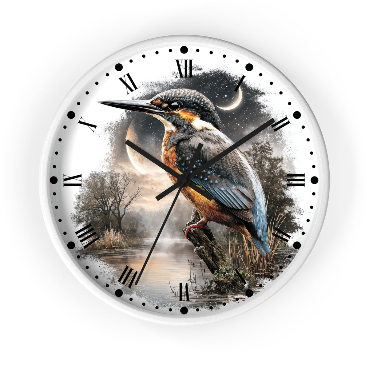 A round wall clock with a white frame and a printed nature scene on the face, featuring a kingfisher perched over water at dusk with a moon and stars in the background. The clock has black Roman numerals, black hour markers, and black hands.