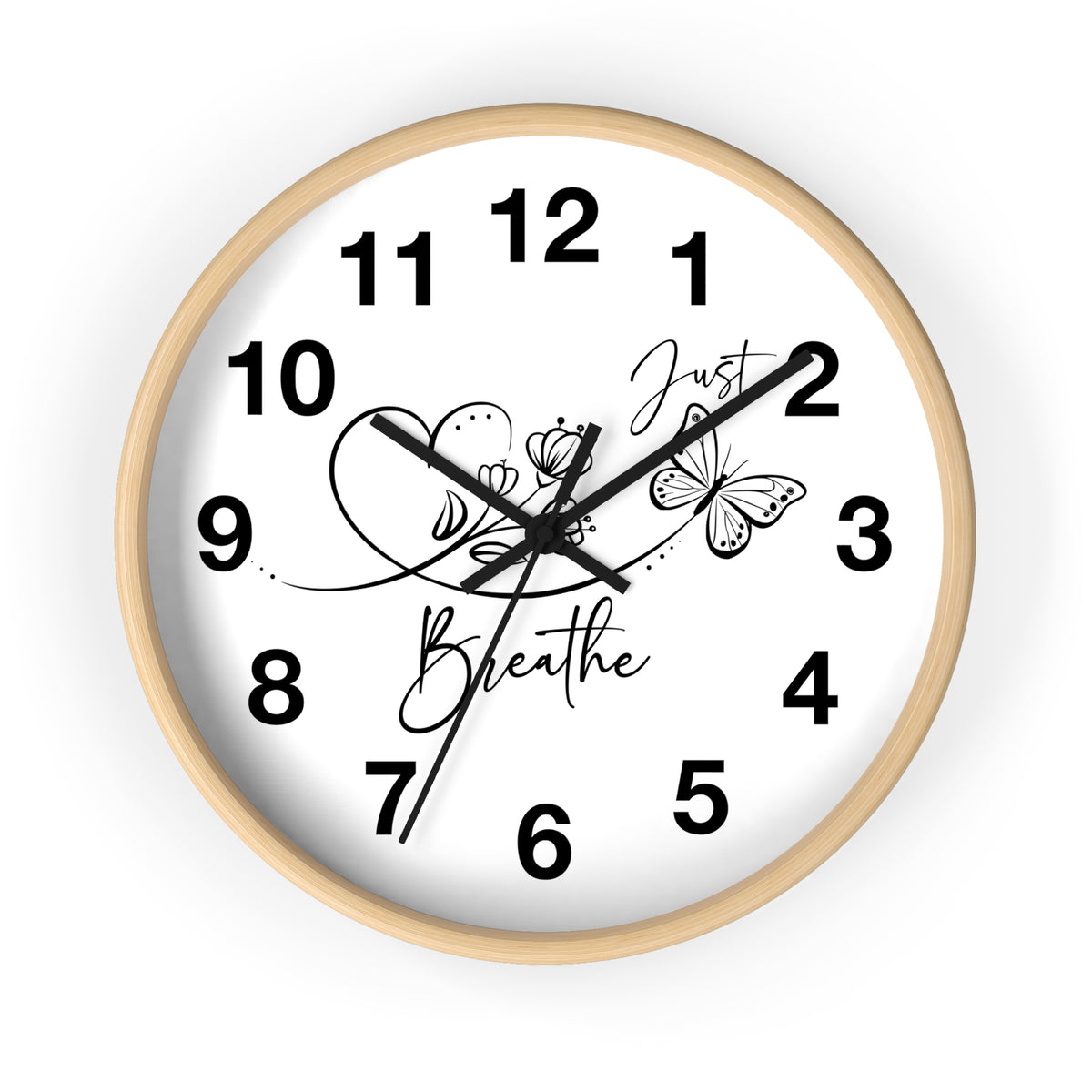 Motivational Wall Clock — "Just Breathe" Minimalist Floral Butterfly Clock