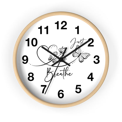 Motivational Wall Clock — "Just Breathe" Minimalist Floral Butterfly Clock