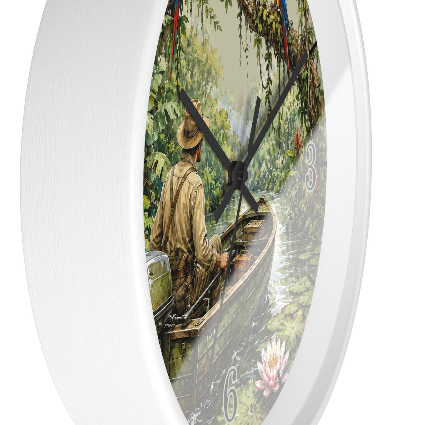 Round wall clock with a white frame and a printed scenic dial showing a man in a boat on a river surrounded by lush greenery. The clock hands are black, and the number 6 is visible near the bottom right of the dial.