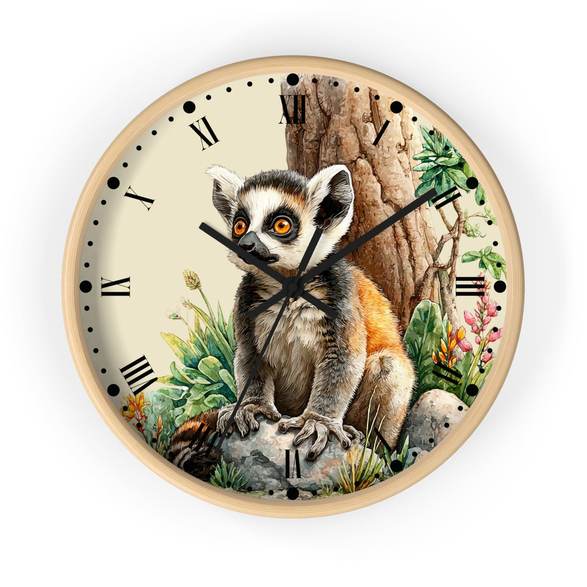 Round wall clock with a light wood frame and a detailed illustration of a ring-tailed lemur sitting in front of a tree trunk, with Roman numerals on a cream background.