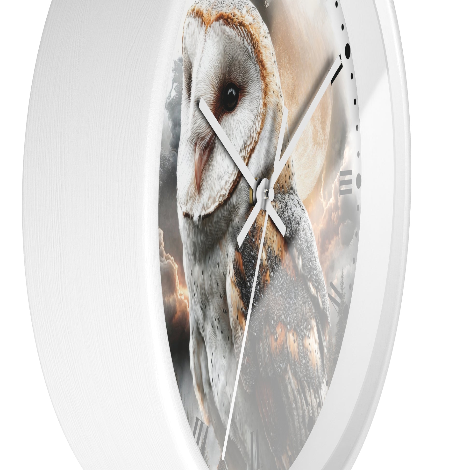 Round wall clock with a white frame and a printed owl face and feathers across the face, with white hands and black minute markers on a white background.