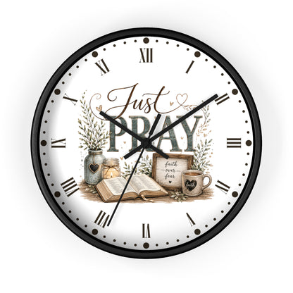 Just Pray Decorative Wall Clock — Rustic Faith-Inspired Home Decor