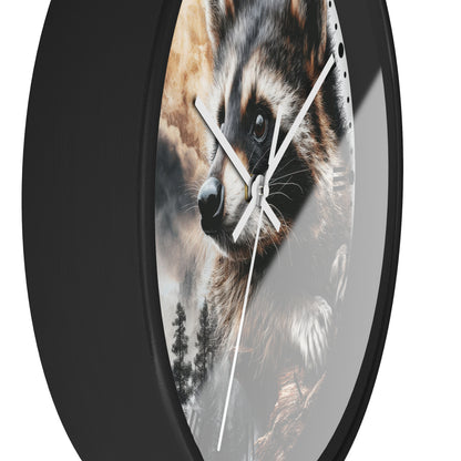 A round wall clock with a black frame and white hands, featuring a printed raccoon face and forest scene on the face. The clock is shown against a plain white background.