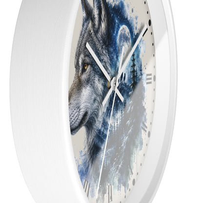 A round wall clock with a white frame and a printed wolf illustration on the face. The design shows a gray and blue wolf in profile with a moon and watercolor splash background, white hands, and black Roman numerals.