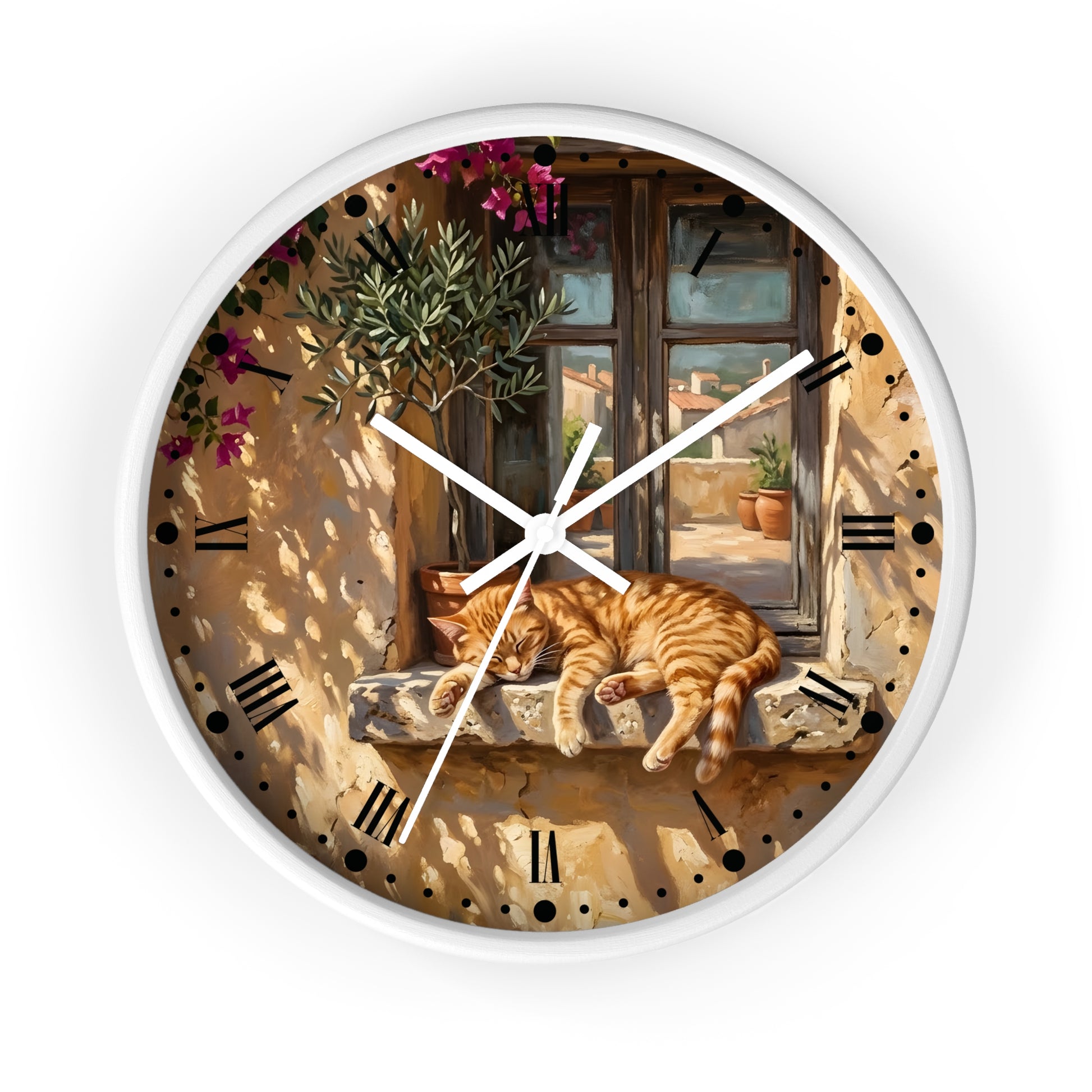 Round wall clock with a white frame and a printed illustration of an orange tabby cat sleeping on a stone windowsill in front of a sunlit Mediterranean-style window. The clock face includes black Roman numerals and white hands, shown against a plain white background.