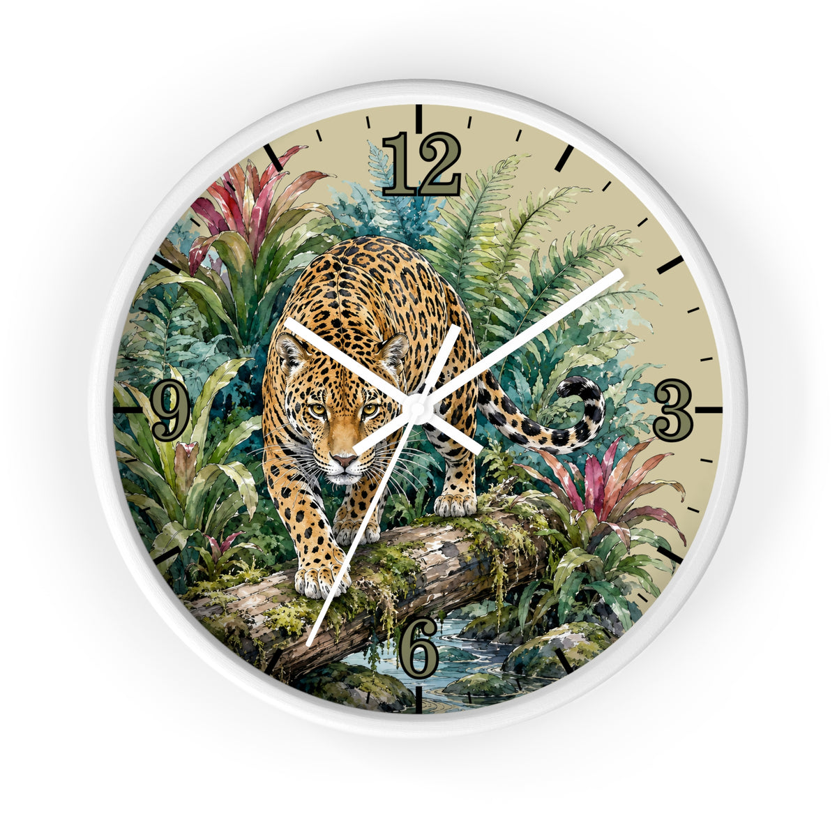Round wall clock with a white frame and a tropical jungle illustration featuring a leopard walking over a log. The clock face has a beige background with black Arabic numerals and white clock hands.
