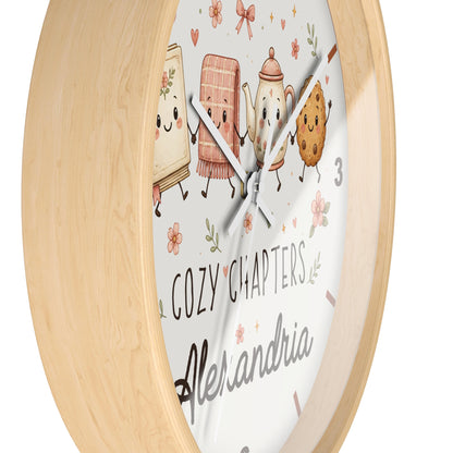 Cozy Chapters Personalized Wall Clock | Cute Book & Tea Kids Room Decor