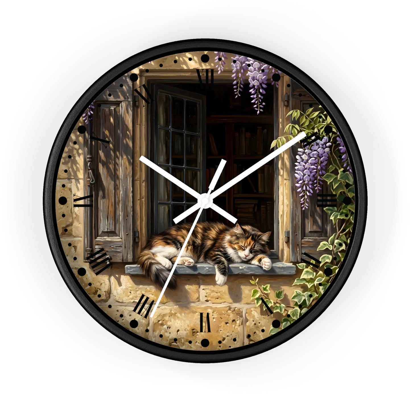 Round wall clock with a black frame and a printed illustration of a cat resting on a stone window sill, with purple wisteria flowers, green ivy, and a rustic interior behind it. White clock hands and black Roman numerals are visible on the face.