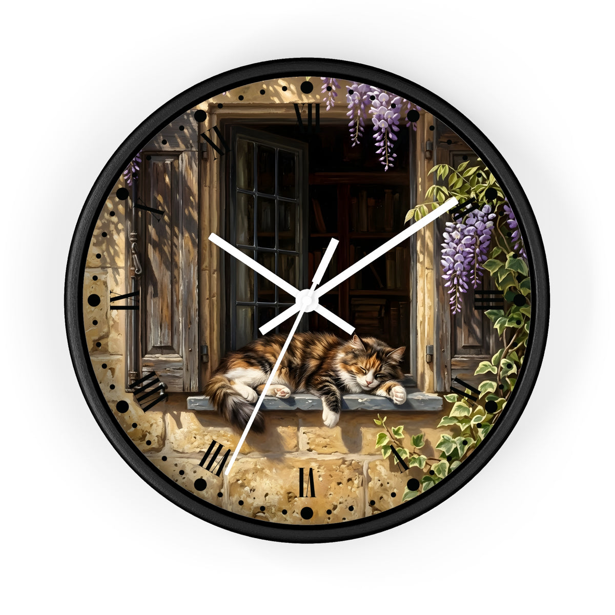 Round wall clock with a black frame and a printed illustration of a cat resting on a stone window sill, with purple wisteria flowers, green ivy, and a rustic interior behind it. White clock hands and black Roman numerals are visible on the face.