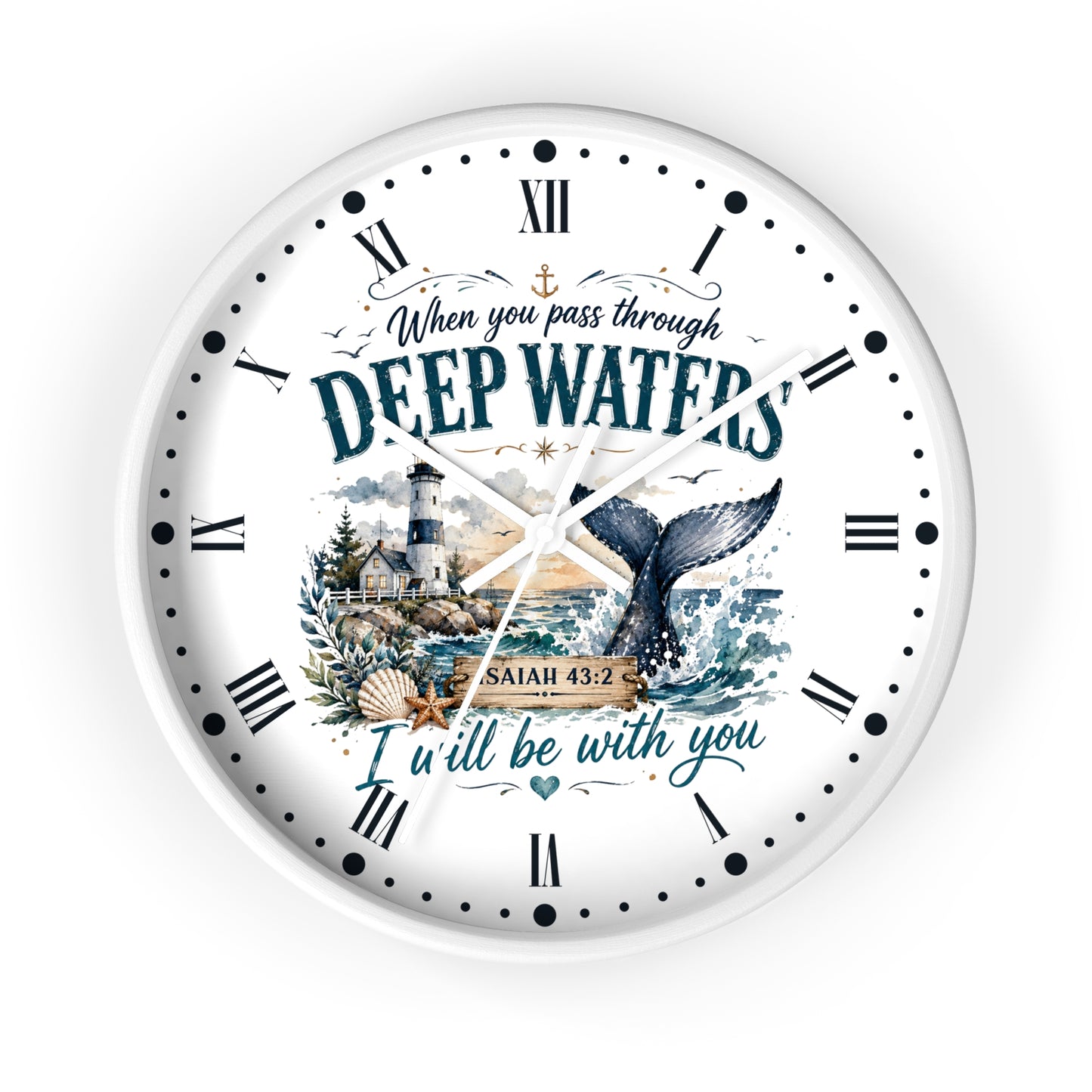 Inspirational Lighthouse Bible Verse Wall Clock — "When You Pass Through Deep Waters" (Isaiah 43:2)