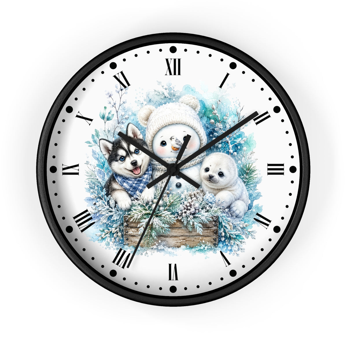 A round wall clock with a black frame and a white face featuring a winter illustration of a snowman, a husky, and a puppy surrounded by blue foliage and pine branches. The clock uses Roman numerals for hour markers and has black hands.