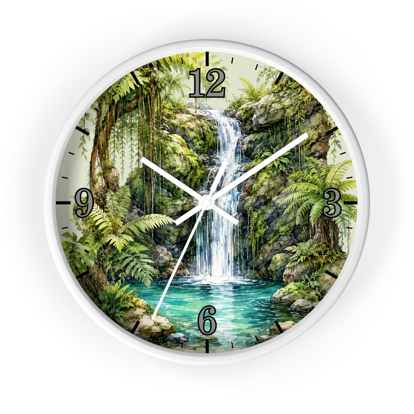 A round wall clock with a white frame and a scenic tropical jungle print featuring a waterfall, lush green ferns, and a turquoise pool. The clock face has black Arabic numerals for hours and white hands.