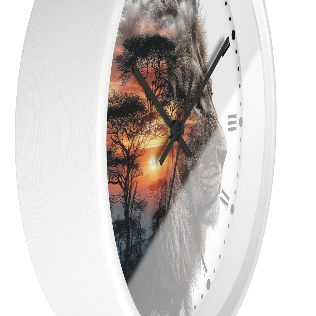 White round wall clock with a printed design featuring a lion face and an African savanna sunset scene, with black hands and Roman numeral hour markers.