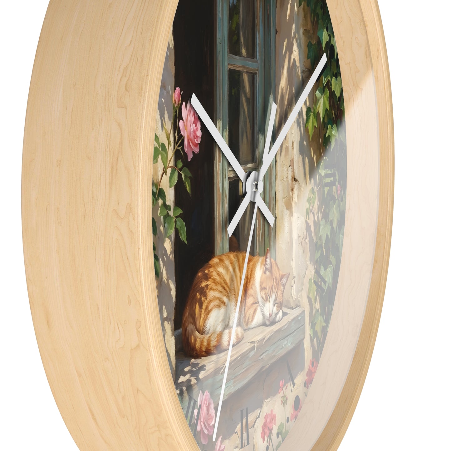 Orange & White Cat Napping Garden Wall Clock — Vintage Floral Window Scene