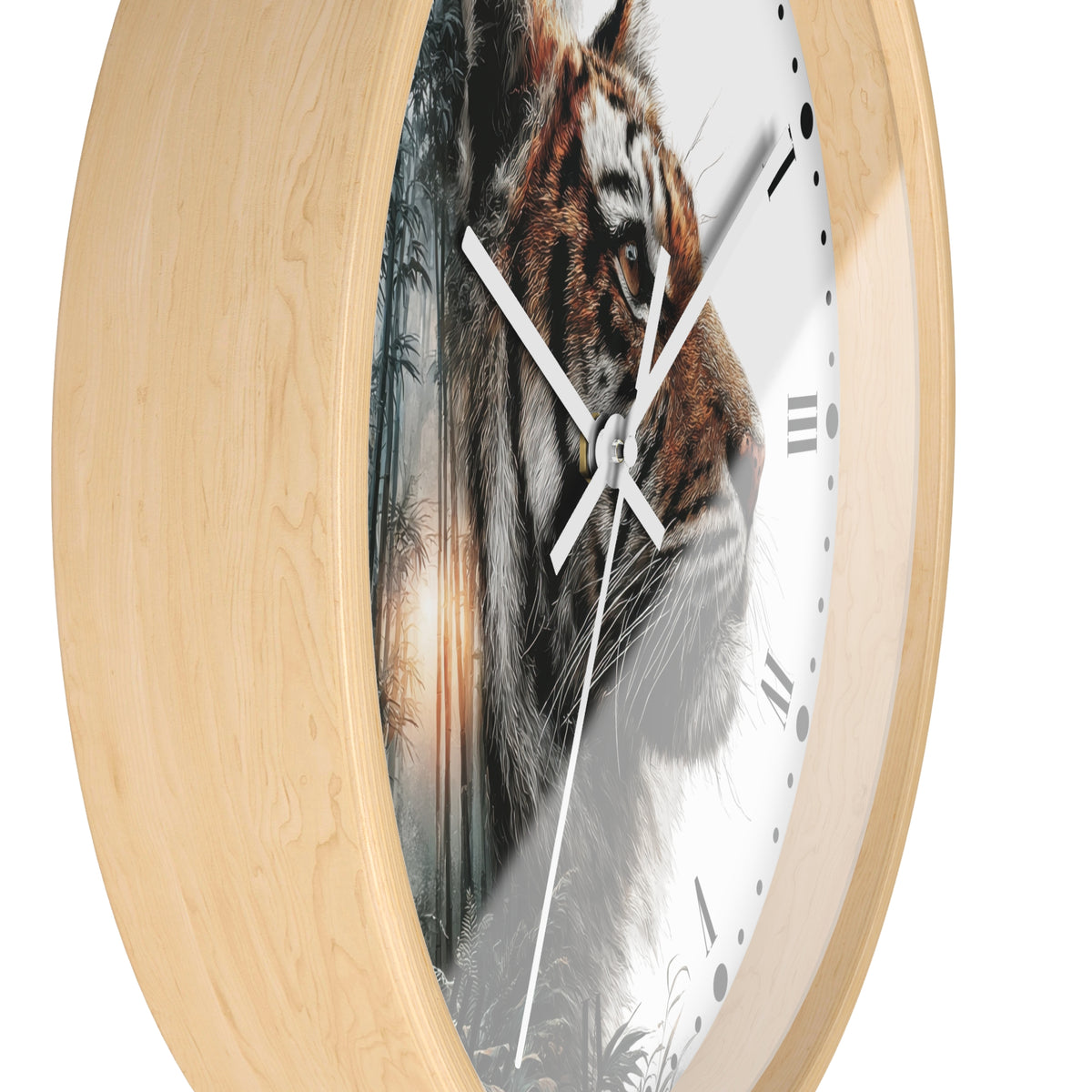 Round wall clock with a light natural wood frame and a printed face featuring a tiger over a forest scene, shown on a white background.