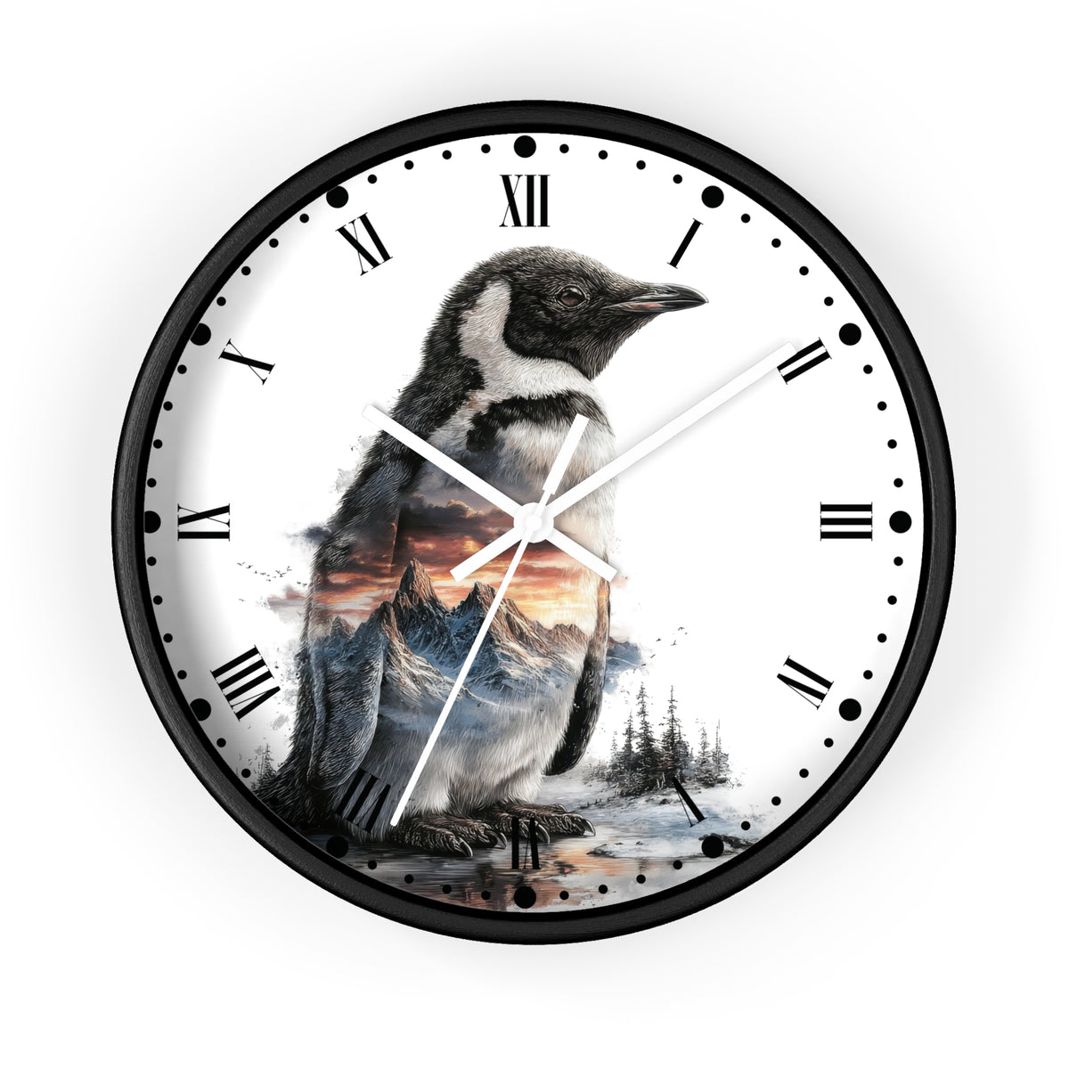 Penguin Mountain Landscape Wall Clock with Roman Numerals — Nature Scenic Animal Decor