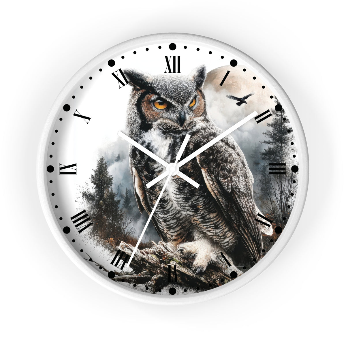 Round wall clock with a white frame and a printed owl illustration on the face, featuring black Roman numerals and white clock hands against a light gray background.
