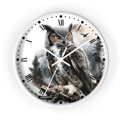 Round wall clock with a white frame and a printed owl illustration on the face, featuring black Roman numerals and white clock hands against a light gray background.