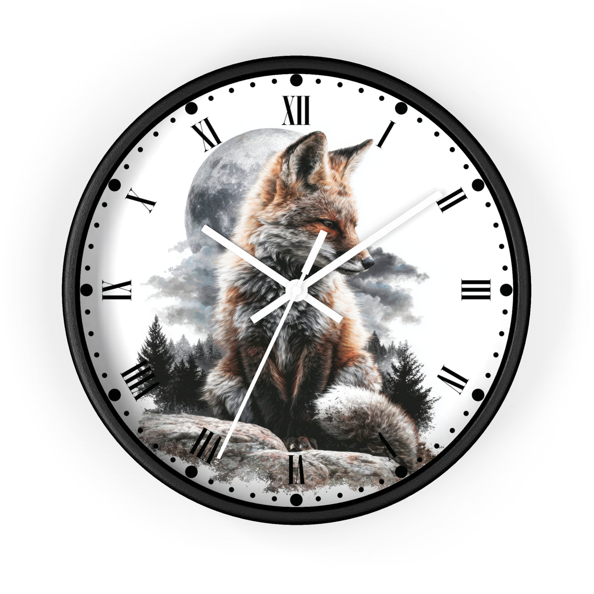 A round wall clock with a black frame and a printed design of a fox sitting in front of a full moon and trees. The clock face is white with black Roman numerals and white hands, shown against a plain white background.