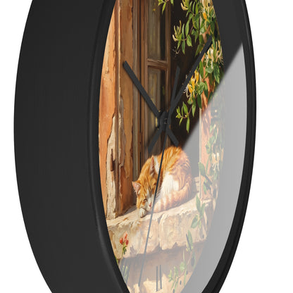 Sleeping Ginger Cat Wall Clock — Rustic Animal Home Decor