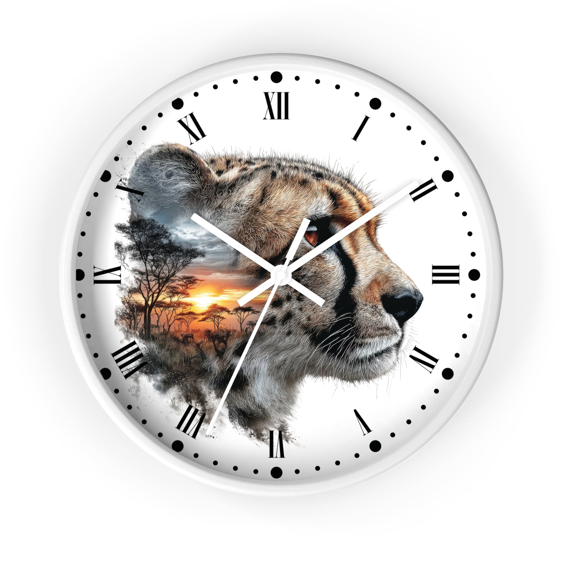 A round wall clock with a white face, black Roman numerals, black dot hour markers, and white hands. The center features a photographic cheetah profile overlaid with a scenic sunset landscape print.